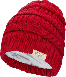 Curly Girl SATIN LINED Womens Winter Cable Knit Beanie Hat with Resealable Storage Bag, Curly Girl Approved and Curly Girl Method