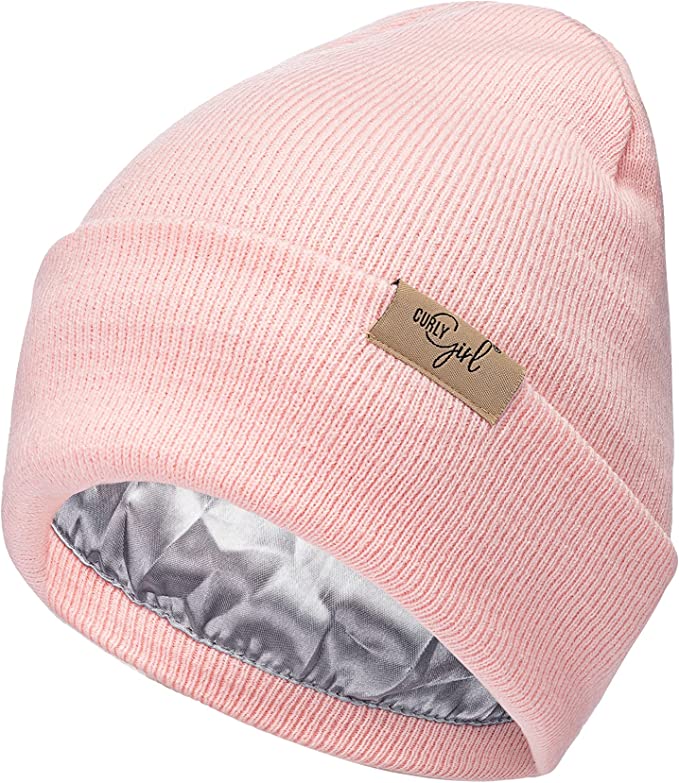 Girl Women's Satin Lined Knit Cuffed Beanie, Acrylic Winter Hats – Curly Girl®