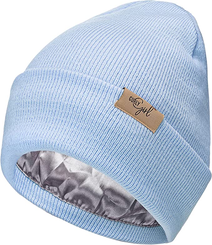 Curly Girl Women's Satin Lined Knit Cuffed Beanie, Acrylic Winter